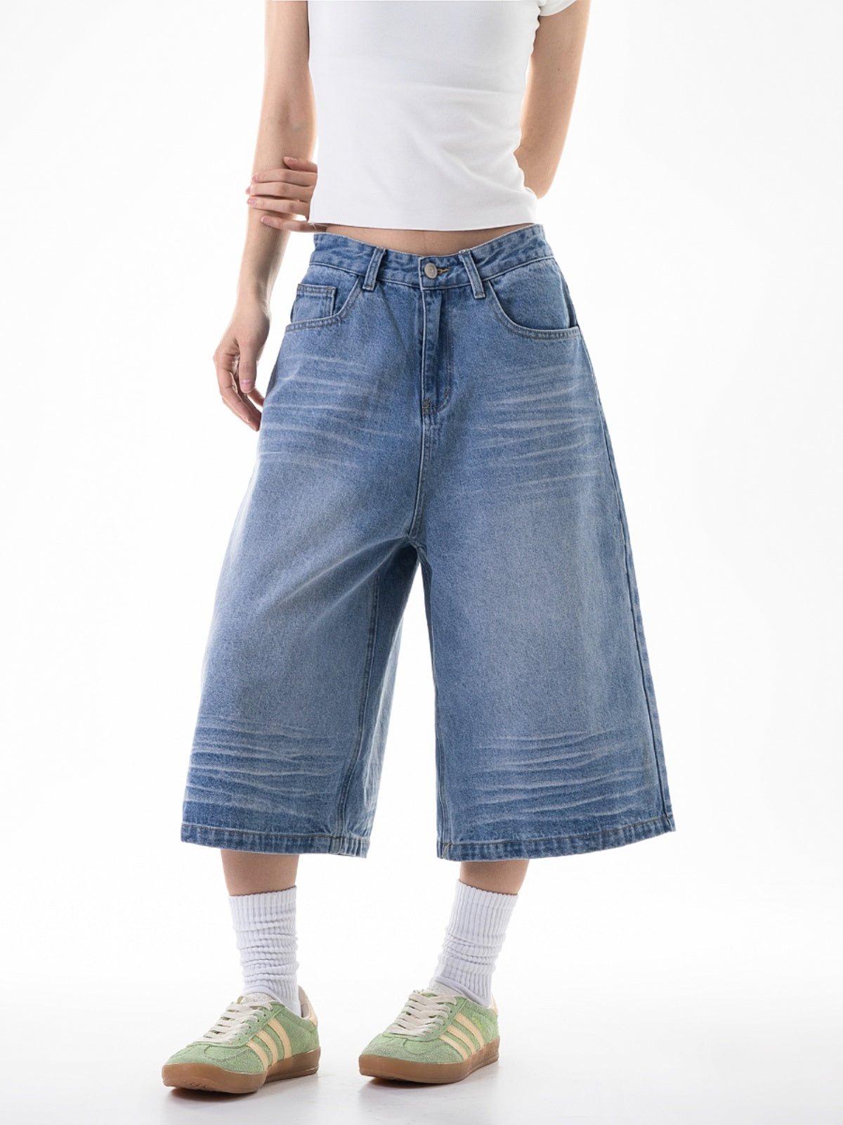 Retro Cropped Jeans Loose Straight Cargo Casual Wide-leg Pants Shorts For Women