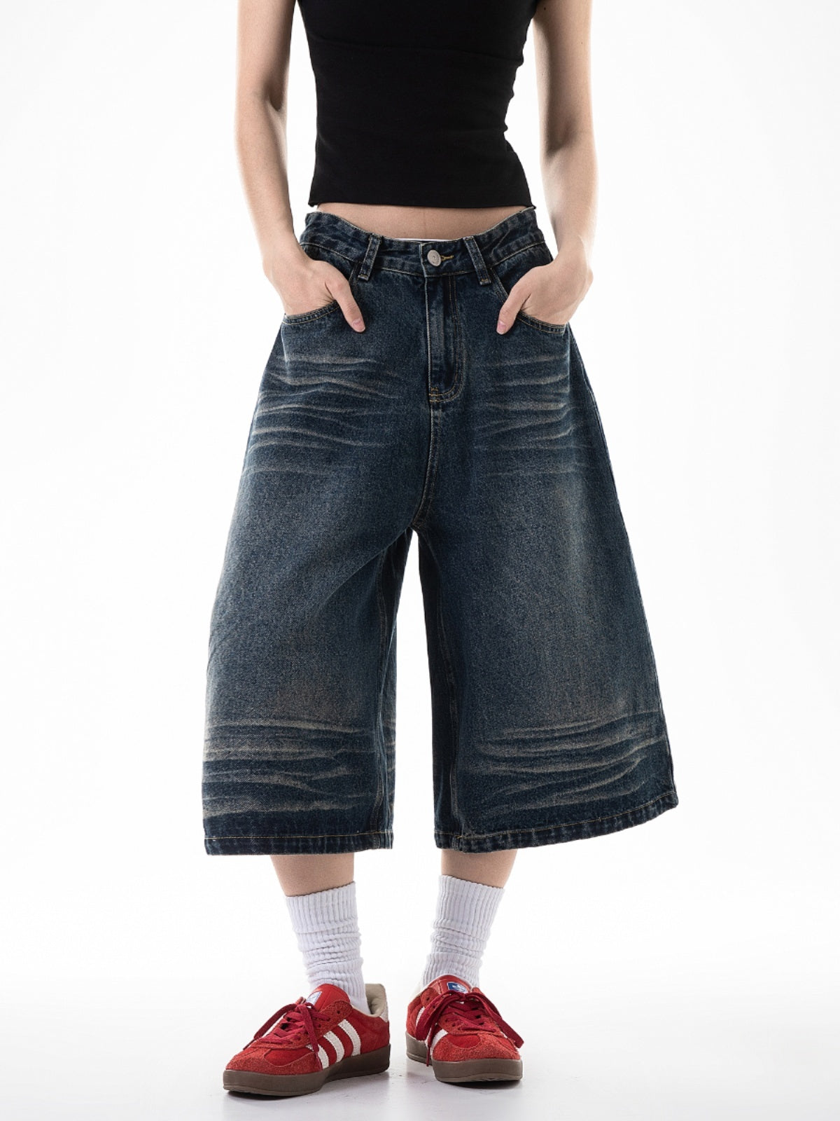 Retro Cropped Jeans Loose Straight Cargo Casual Wide-leg Pants Shorts For Women